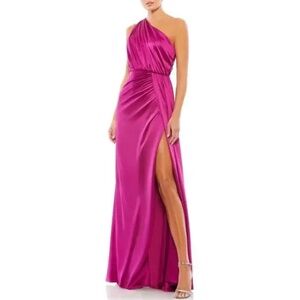 Mac Duggal Pink Gathered One Shoulder Satin Faux Wrap Evening Gown